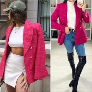 Zara Raspberry Red Bouclé Tweed Double Breasted Blazer BLOGGERS FAVE Size Small